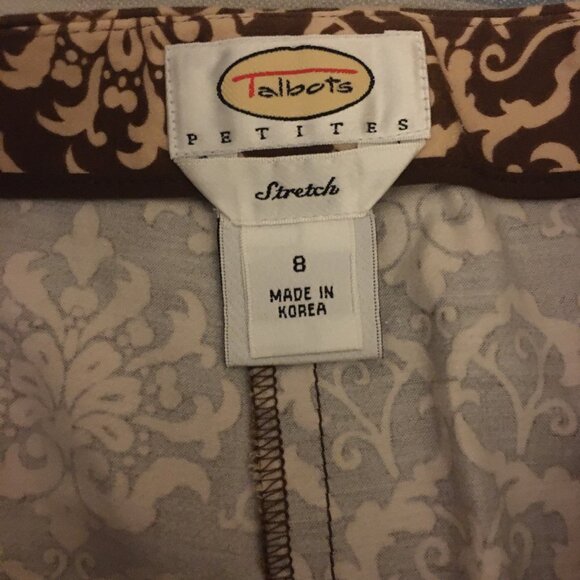 Talbots Brown Cream Damask Print Stretch Pants Size 8 Petite Cotton Blend - Picture 2 of 10